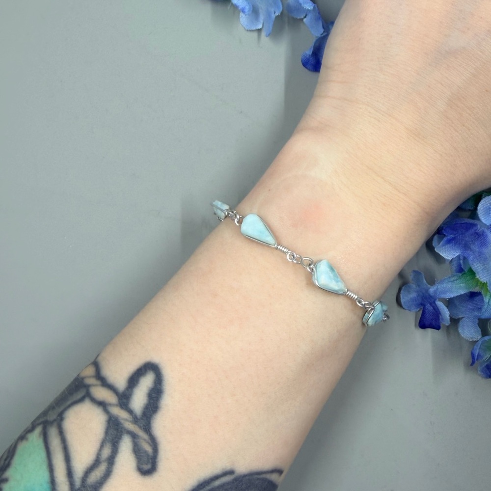 Sterling Silver Plated Wire Wrap Handmade Larimar Stone Link Bracelet